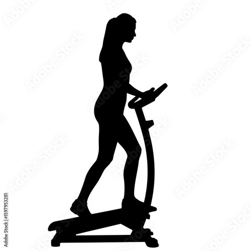 Silhouette of woman on exercise equipment, a silhouette of her training on stepper against white background. Fitness silhouette showcases profile with ponytail, athletic silhouette doing step workout
