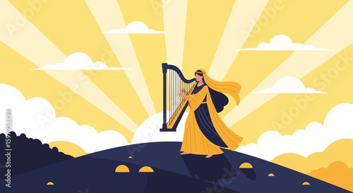 Melodic Sunrise Woman Playing Harp On Hilltop Under Golden Sunray Graphic