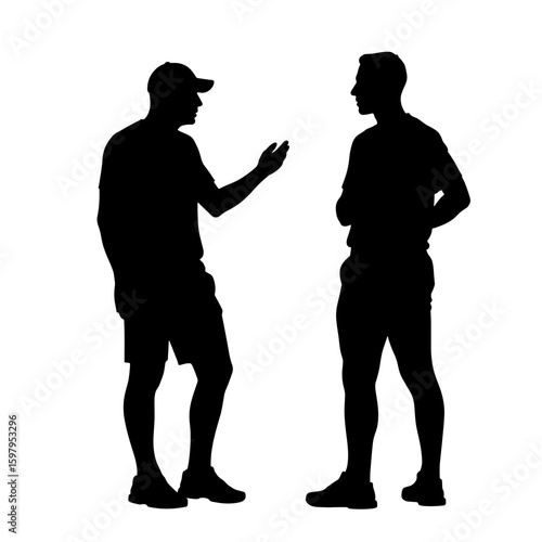 Two men silhouettes talking, casual summer outfits, standing, engaging in conversation.  Silhouette depicts friendly discussion or coaching session.  Silhouette image ideal for sports team website