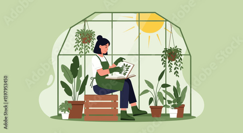 Female Botanist Studying Plants In A Greenhouse During A Sunny Day