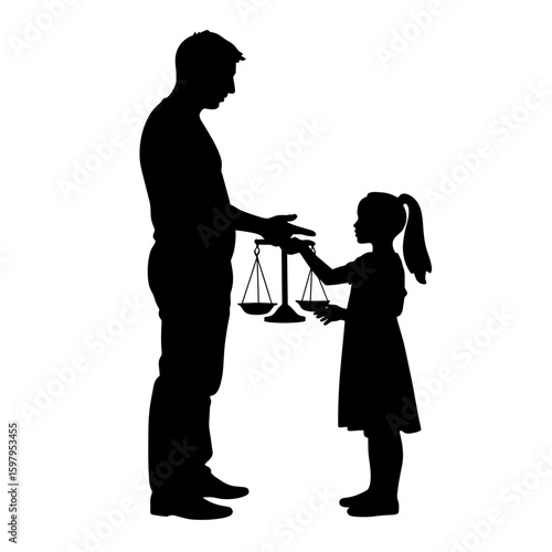 Silhouette of parent with child holding scales for balance, legal equality, and justice. Silhouette shows father figure extending hand to daughter with scales, presenting equality of justice.