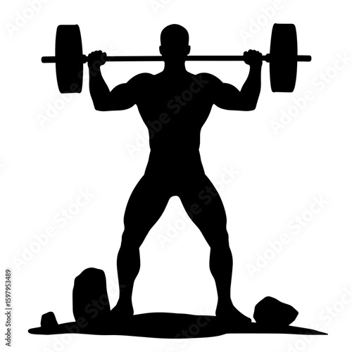 Weightlifter silhouette lifting barbell with defined muscle structure. Man silhouette is training with barbell. Commercial weightlifter silhouette for gym poster or banner.