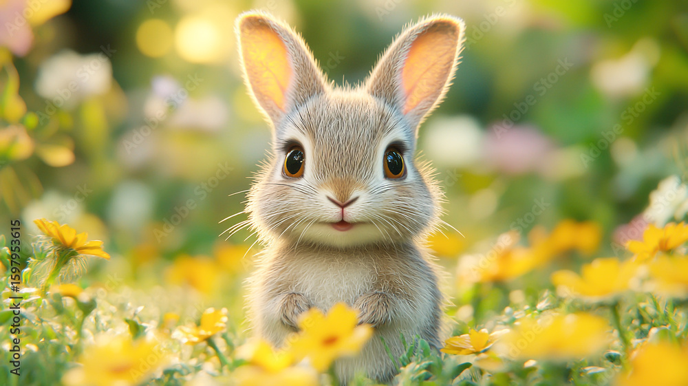 A small rabbit walking through a field with vibrant summer colors A small rabbit walking through a field with vibrant summer colors