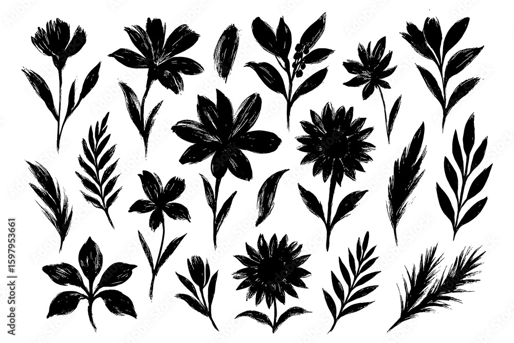 Floral icons with flowers, leaves, and stems in bold black silhouettes, Transparent Background Floral icons with flowers, leaves, and stems in bold black silhouettes, Transparent Background
