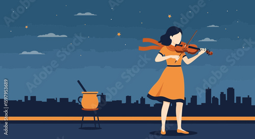 Melody Under The Night Sky A Woman Plays Her Violin For The City