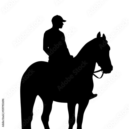 Horse silhouette featuring rider in cap, equine animal in profile with human figure. Silhouette of horse with rider shows equestrian sport, animal standing still, wearing bridle.