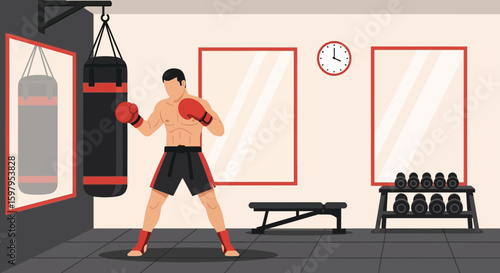 Male Boxer Training With Punching Bag In The Gym For Fitness Session