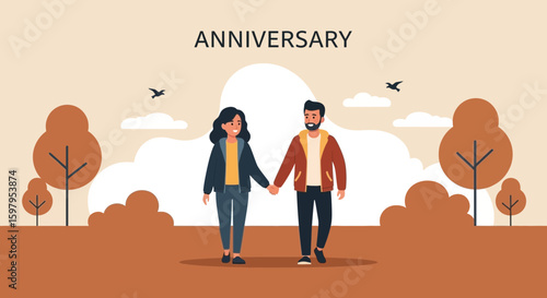 Happy Couple Celebrating Anniversary Walking Holding Hands in Beautiful Landscape