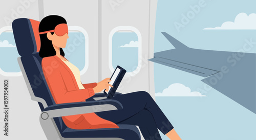Female Passenger Enjoying Entertainment On An Airplane With Eye Mask