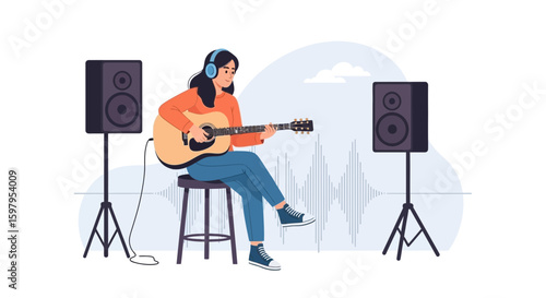 Female Musician Practicing Acoustic Guitar Recording Session In Home Studio