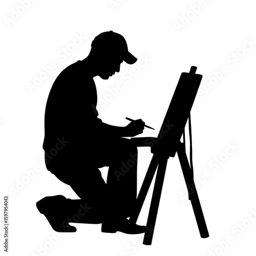 Artist silhouette against pure white backdrop with an artist drawing on canvas with brush. This artist silhouette shows creative process and artistic expression, while depicting an artistic profile.