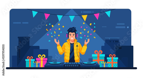 Happy Dj Play Music On Stage At A Colorful Birthday Celebration Party