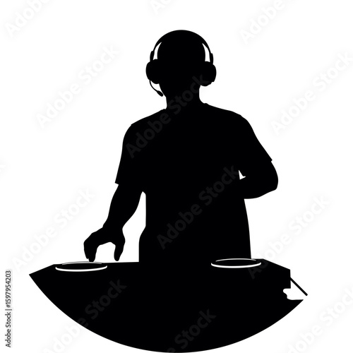 Silhouette of disc jockey with headphones performing at mixing table. DJ silhouette portrait is full of energy. Use silhouette to express music trends or music marketing.
