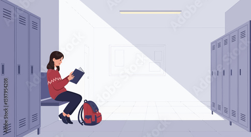 Female Student Reads In School Hallway With Lockers During Breaktime