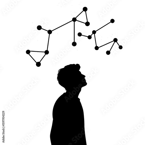 Silhouette of man gazing at constellation on white background. Silhouette captures thoughtful moment as he looks upwards towards connected dots forming stars. Concept silhouette design for posters.