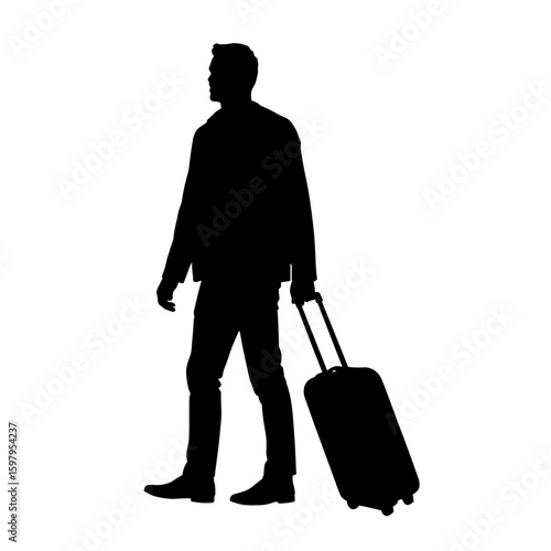Silhouette of traveling man with luggage, featuring single male traveler with a suitcase in silhouette against blank backdrop. Luggage silhouette enhances the visual narrative