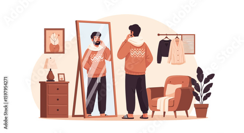 Man Admiring Himself In Mirror With Stylish Outfit At Home Morning Routine