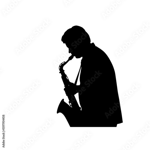 Silhouette of a saxophone player against white background. Silhouette is of a man playing instrument with passion and skill, creating a dramatic visual.