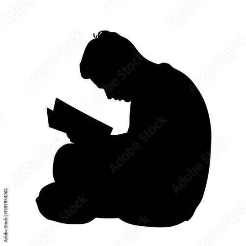 Silhouette of person reading book on white backdrop. Silhouette depicts someone absorbed in literature, legs crossed in calm pose. Silhouette as design element for book fair poster.