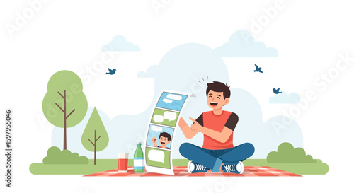 Happy Man Receives Positive Feedback Or News During Outdoor Picnic Scene