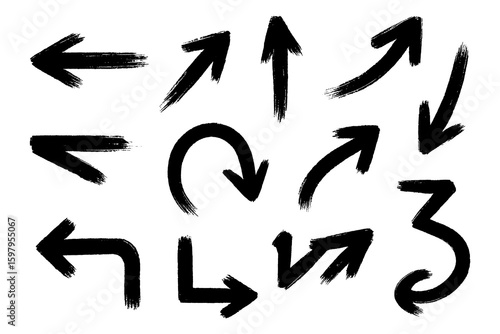 Hand drawn brush arrows and X signs in grunge ink style. Curved, straight, and twisted arrow icons with dry brush texture isolated on transparent background PNG.