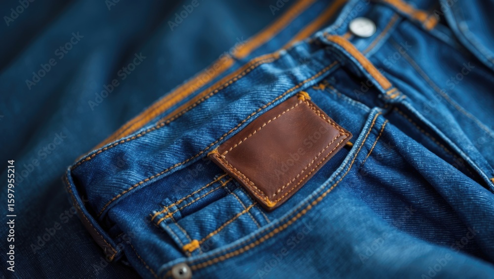 Fototapeta premium Close-up of blue denim jeans with leather patch on waistband. Fashion, casual wear, clothing, style. Tailoring, apparel design, fabric texture. The concept of denim fashion and clothing.