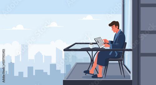 Modern Man Relaxing On Balcony With City View Enjoying Coffee And Digital Tablet
