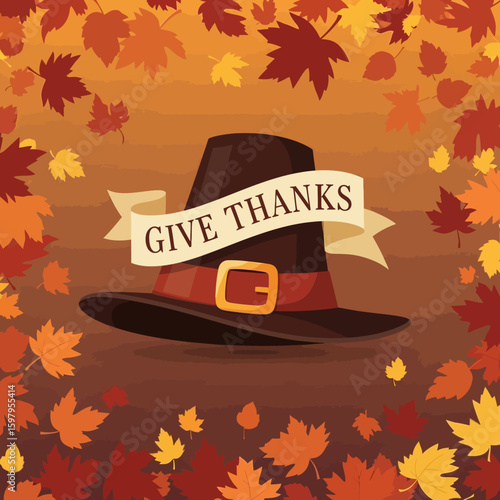 Thanksgiving Hat with Give Thanks Banner: A festive illustration capturing the essence of gratitude.