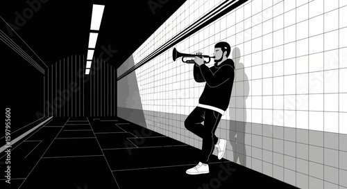 Monochrome Moods: A Street Musician Plays Trumpet In Underground Subway