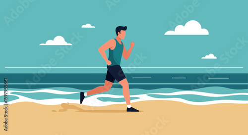 Morning Fitness Man Running On Beach For Positive Lifestyle Activity Concept