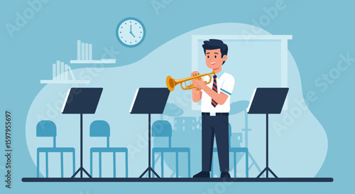 Happy Student Playing Trumpet In Music Class And Practicing For Performance