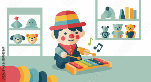 Happy Toy Character Playing Xylophone In Kids Room With Colorful Shelves