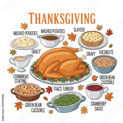 Thanksgiving Feast: An overhead illustration showcases a delectable Thanksgiving feast, featuring a golden roasted turkey centerpiece surrounded by classic side dishes like mashed potatoes, stuffing.