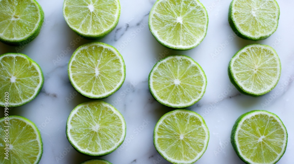 Freshly cut limes arranged in symmetrical rows on white marble table under soft light Freshly cut limes arranged in symmetrical rows on white marble table under soft light
