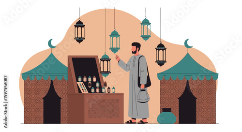 Man Choosing Decorative Lanterns At A Middle Eastern Festival Market Scene