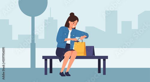 Happy Woman Resting After Shopping Looking Into Her Bag On A City Bench