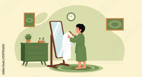 Morning Routine Boy Brushing Clothes Getting Ready for the Day At Home