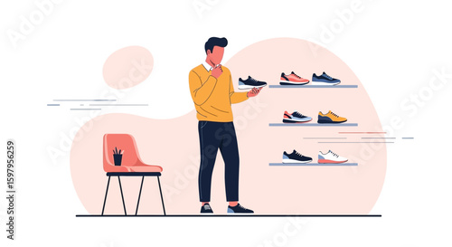 Man Contemplating Purchase Of New Sneakers From Shoe Collection Displayed On Shelves