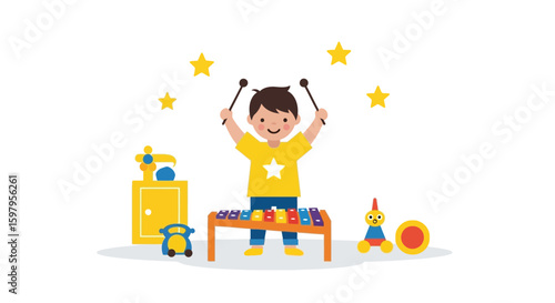 Happy Young Boy Playing The Xylophone Surrounded By Toys And Floating Stars