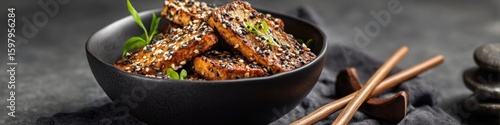 Delicious sesame tofu in a black bowl, garnished with fresh greens, offers a healthy and flavorful vegan food option for culinary enthusiasts and mindful eaters.