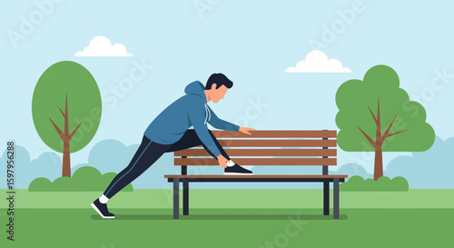 Morning Routine Young Man Warming Up His Muscles On Park Bench