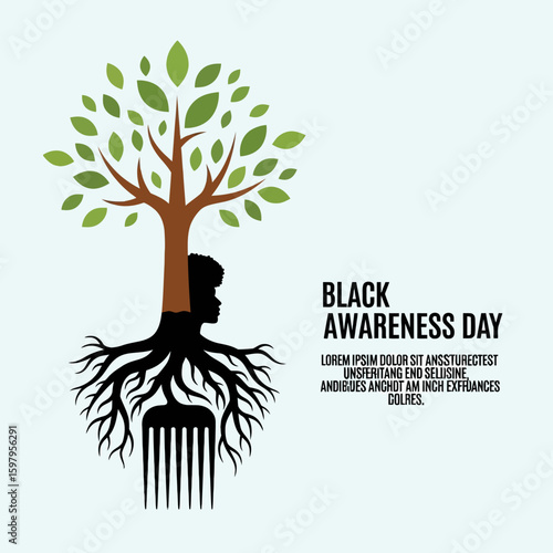 Illustration symbolizing Black Awareness Day with a tree growing from a silhouette of a person's head, roots blending into a comb.