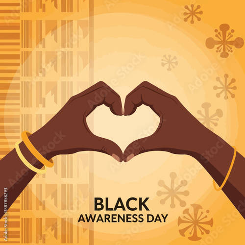 Two dark-skinned hands making a heart shape against a yellow background with books and floral designs, celebrating Black Awareness Day.