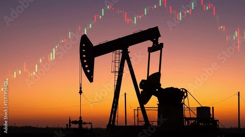 Silhouette of an oil pumpjack against an orange sunset sky with a superimposed stock market chart