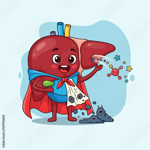 Superhuman Liver: An animated liver stands as a superhero, radiating health and vitality, and vanquishing harmful toxins with unwavering power.