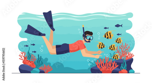 Man Diving With Colorful Fish In The Ocean With Corals Reef Illustration