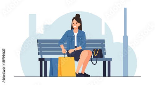 Happy Young Woman Resting On A Bench After Shopping In The City