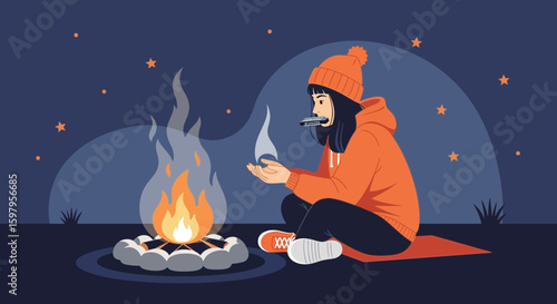 Harmonica Melodies Under Starry Skies Campfire Reflections Warmth and Serenity