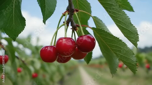 Ripe cherries hang from branch, orchard row blurred background