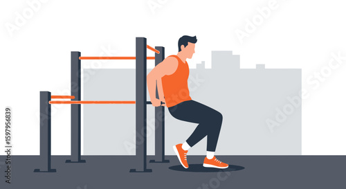 Man Doing Dips On Parallel Bars In A City Park Outdoor Gym Exercise